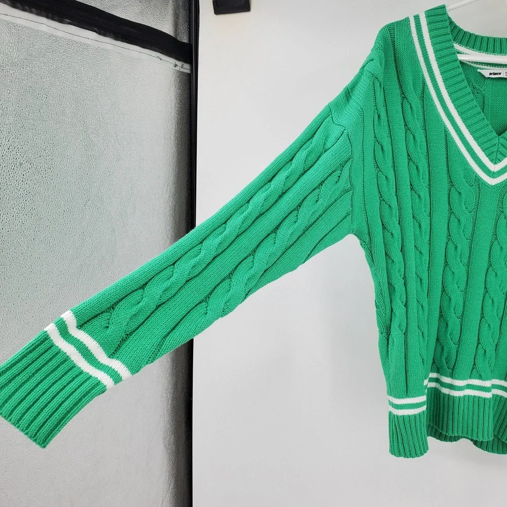 Prince‎ Green Cable Knit V-Neck Varsity Stripe Sweater Small Tennis Pickleball